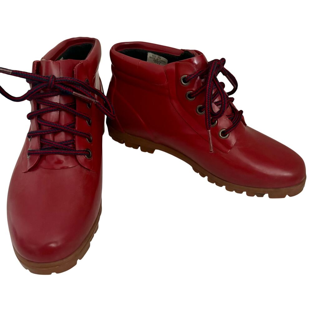 Vintage Y2K Lands End Red Rubber Ankle Hiking Boots Lace Up Waterproof Indie